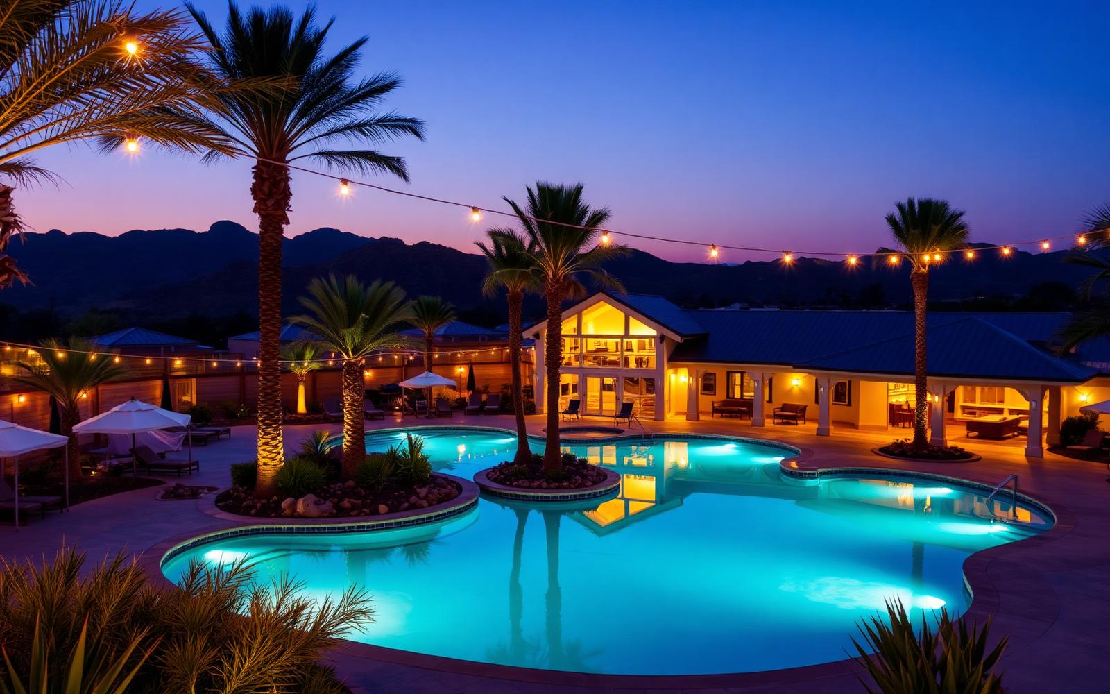 Resort pool and clubhouse at twilight